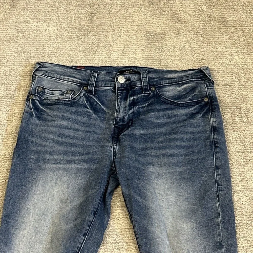 True Religion Jeans Mens 34 Medium Wash Rocco Relaxed Skinny Stretch Splatter
